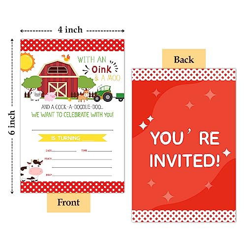 Qssfdgg Farm Birthday Invitations for kids, Farm Animals Party Invites Cards for Boys & Girls, Birthday Party Celebration Favor, bday Invites Supplies (20 Cards + Envelopes)- A026