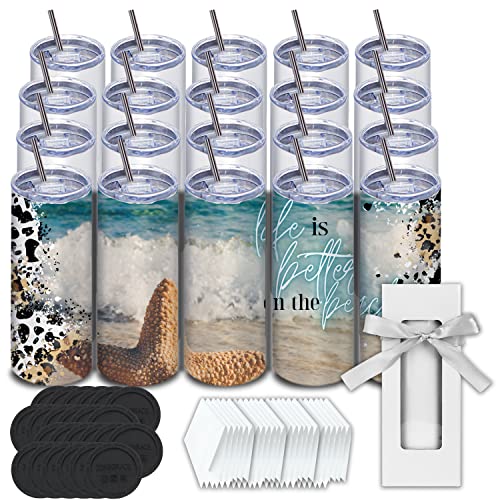 ZONEGRACE Sublimation Tumblers bulk 20 oz Fatty type, 20 Pack Stainless Steel Double Wall Insulated Straight Cup Blank White with Lid, Straw,Polymer Coating for Heat Transfer