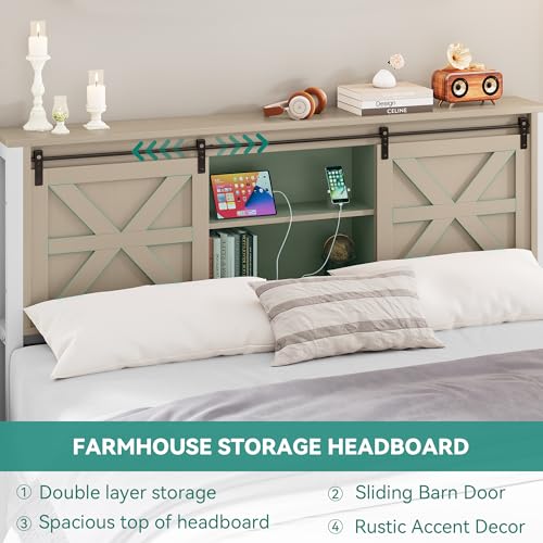 YITAHOME Farmhouse Queen Size Bed Frame with Headboard, Bookcase Shelves, Sliding Barn Door, Charging Station, Rustic Wood Platform Bed, No Box Spring Needed, Oak