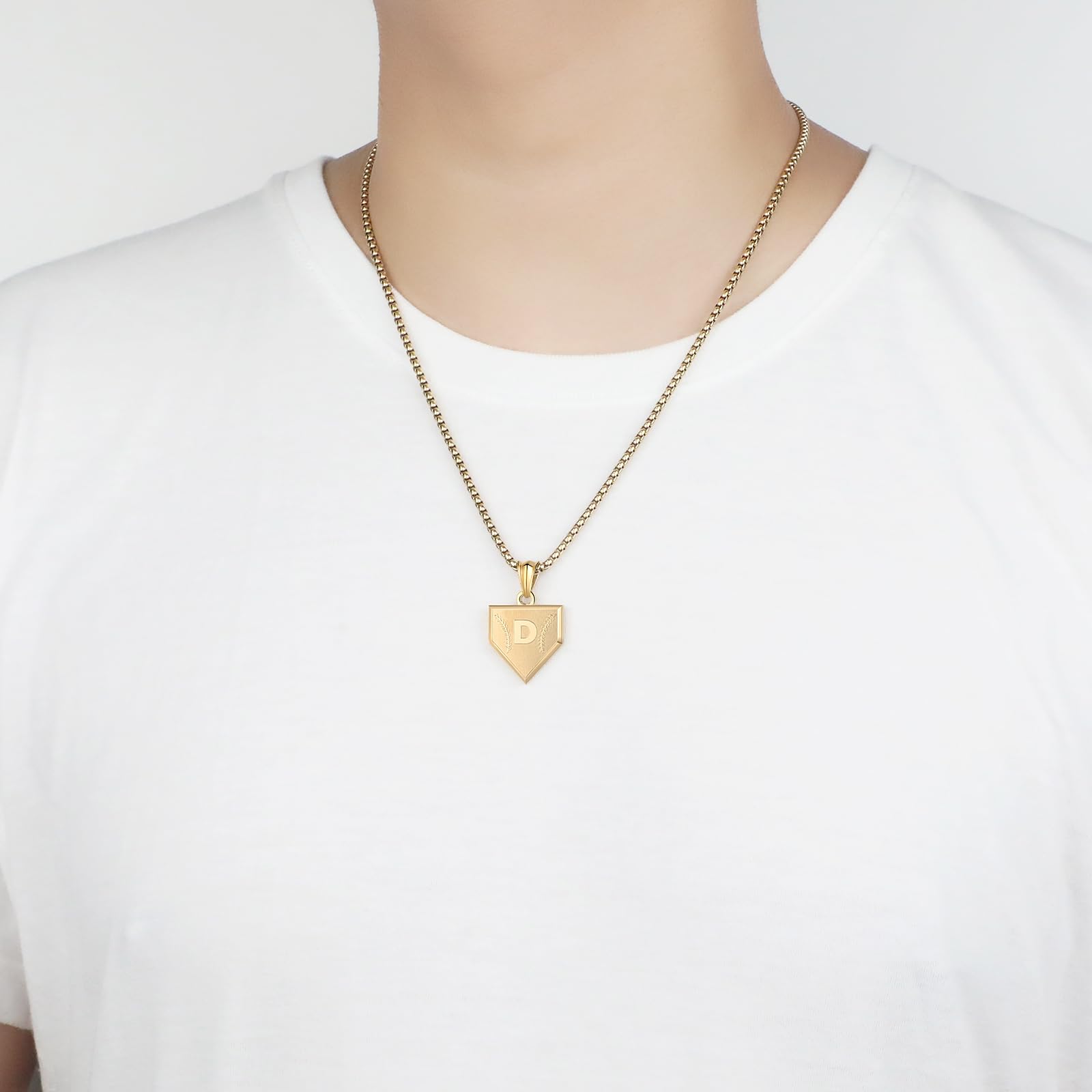 Initial A-Z Necklace for Boys Stainless Steel Letter Shield Pendant Box Chain 22+2 inch Inspirational Baseball Home Plate Necklace Baseball Jewelry Gift for Men(G-J) Over 18 years old