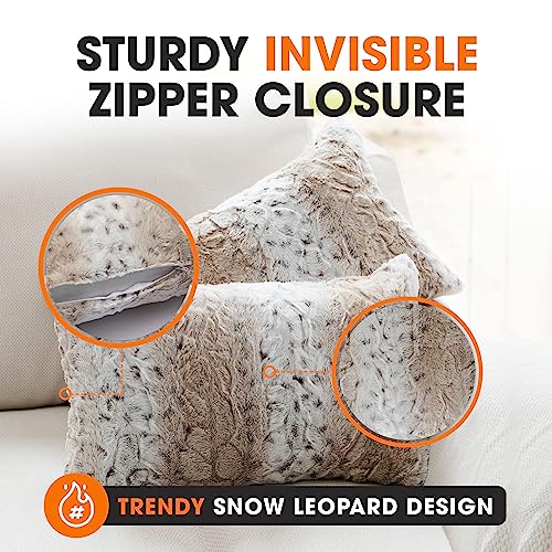 Cheer Collection Faux Fur Throw Pillows with Inserts – Set of 2 Decorative Square Couch Pillows, 12” x 20” Snow Leopard Embossed Ombre Design for Sofa, Bed & Living Room Decor