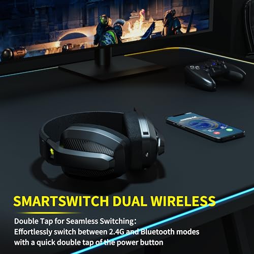 BINNUNE Wireless Gaming Headset with Mic for PS5, PS4, PC, Mac, PlayStation 4 5 Headphones, 2.4GHz Bluetooth Gaming Headset, Wireless Headsets with Flip Mic for Laptop Computer, Black