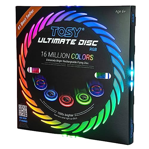 TOSY 16 Million Color Flying Disc - 36 RGB LEDs, Extremely Bright, Smart Modes, Countless Styles, Auto Light Up, Rechargeable, Perfect Birthday & Camping Gift for Men/Boys/Teens/Kids, 175g frisbees