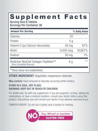 NeoCell Super Collagen With Vitamin C and Biotin, Skin, Hair and Nails Supplement, Includes Antioxidants, Tablet, 180 Count, 1 Bottle