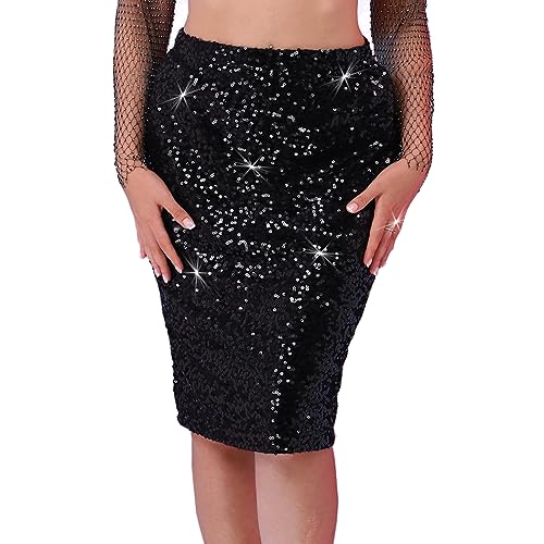 Jemiwa Women's Sequin Skirt Midi Stretchy Bodycon High Waist Glitter Pencil Skirt Party Cocktail Dress (as1, Numeric, Numeric_4, Numeric_6, Regular, Regular, Black-Gold)