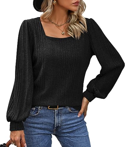 ZILIN Womens Long Sleeve Tunic Tops Lantern Sleeve Square Neck Winter Shirts Dressy Casual Black S