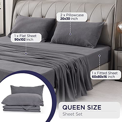 Nikazz Super Soft Fleece Sheet Set - Extra Plush Polar Fleece, No-Pilling Bed Sheets - All Season Cozy Warmth Flat Sheet, Fitted Sheet and 2 x Pillowcases, 4 Piece (Queen, Grey)