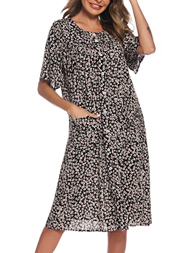 COSUNIONY House Dresses for Women Cotton Short Sleeve House Coat Buttons Down Dusters Robe with Pockets (Tie dye Navy, Medium…