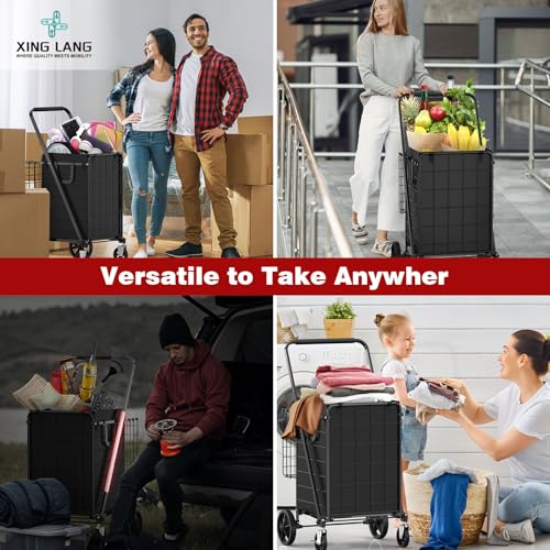 XING LANG Folding Shopping Cart with 360° Rolling Swivel Wheels & Brakes - 4.3ft³ Foldable Grocery Cart with Double Basket & Liner, 420lbs Portable Heavy Duty Utility Carts for Laundry Luggage Travel