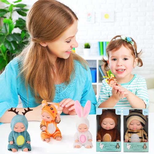 Vueos 4 Pcs 4 Inch Mini Baby Doll Playset Lifelike Reborn Baby Dolls with Cute Animal Clothes Gifts for Girls Boys Birthday Christmas (Lovely Style)