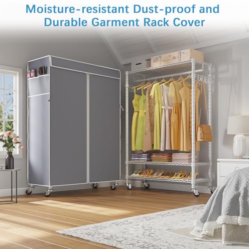 VIPEK R1C Plus Garment Rack Rolling Clothes Rack with Locking Wheels, Heavy Duty Clothing Rack Portable Closet with Adjustable Shelves & Side Hooks, White Rack with Grey Upgraded Polyester Cover