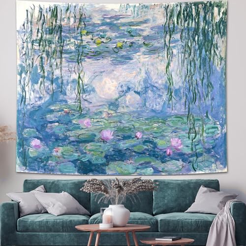 Avinyl Vintage Monet Waterlily Floral Tapestry, Art Tapestry for Bedroom, Blue and Pink Flower Wall Hanging, Abstract Garden Aesthetic Tapestry, 39x51 inches