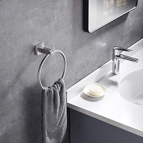 Hoooh 5-Piece Bathroom Accessories Set Brushed Stainless Steel Wall Mount - Includes Double Towel Bar, Towel Ring, Toilet Paper Holder, 2X Robe Hooks, BS101S5-BN