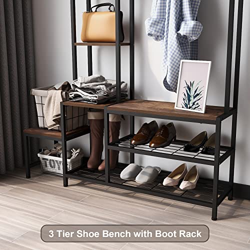 Espelism Hall Tree with Shoe Storage Bench Coat Rack with 7 Hooks Interchangeable 4 Tier Side Storage Shelves Small Cute Side Bench Industrial 5-in-1 Entryway Coat Rack for Hallway Mudroom Bedroom