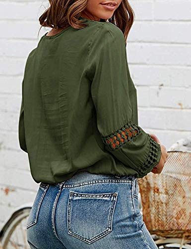 Viracy Womens Fall Tops, Girls Puff Long Sleeve Deep V Neck Blouse Sexy Lace Hallow Out Easy Fit Trendy Classic Shirt A-Line Design Clothes to Wear with Leggings Army Green Small
