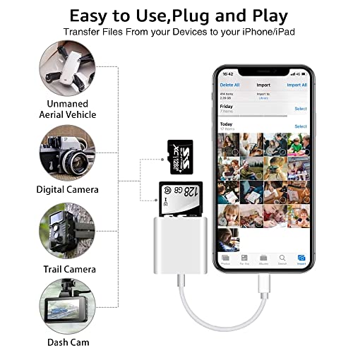 SD Card Reader for iPhone iPad Camera,Dual Card Slot Memory Card Reader Supports SD and TF Card Trail Camera Viewer Sd Card Adapter Portable Micro Sd Card Reader No Application Required Plug and Play