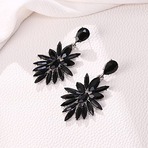 EleQueen Silver-Tone Black Crystal Marquise Cluster Statement Earrings Fashion Vintage Style Drop Dangle Earrings for Women