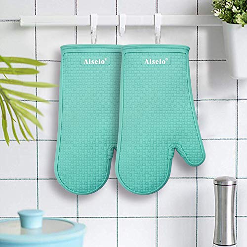 Alselo Oven Mitts Heat Resistant Silicone Kitchen Gloves for 550 Degrees with Waterproof and Non-Silp, Set of 2 Oven Gloves for Baking Cooking Barbecue Microwave Machine Washable (Blue, 2)