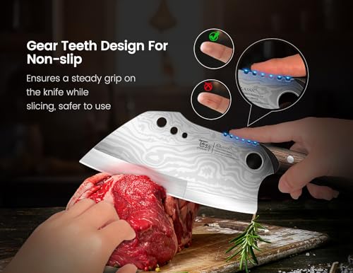 SYOKAMI Meat Cleaver Chef Knife, 7.7 Inch Multifunction Butcher Knife with Herb Stripper and Sheath, Chinese Cleaver Heavy Duty Bone Chopper, Meat Cutting, Damascus Pattern Full Tang Wood Handle