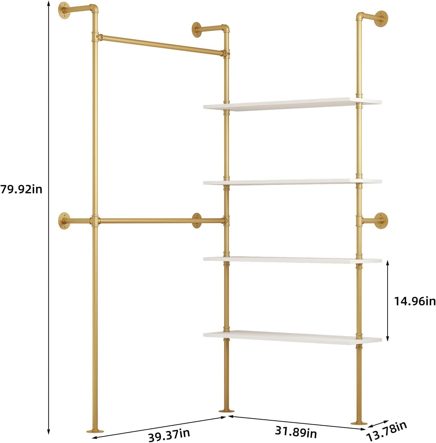 Woskar Industrial Pipe Clothing Rack, Hanging Rods Clothes Rack with Shelves, Clothes Rack for Wardrobe, Corner Closet System for Walk in Closets (Gold)