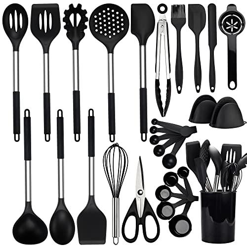 NCUE Kitchen Utensils Set, 28 Pcs Silicone Cooking Utensils Set with Holder, Spatula Set, Silicone Whisk, Scissors, Measuring Cups and Spoons Set with Stainless Steel Handle Kitchen Gadgets (Black)