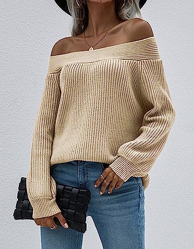 KIRUNDO 2024 Fall Winter Women's Off Shoulder Sweater Long Sleeve Cold Shoulder Ribbed Knit Sweaters Pullover Jumper Tops(Apricot, Small)