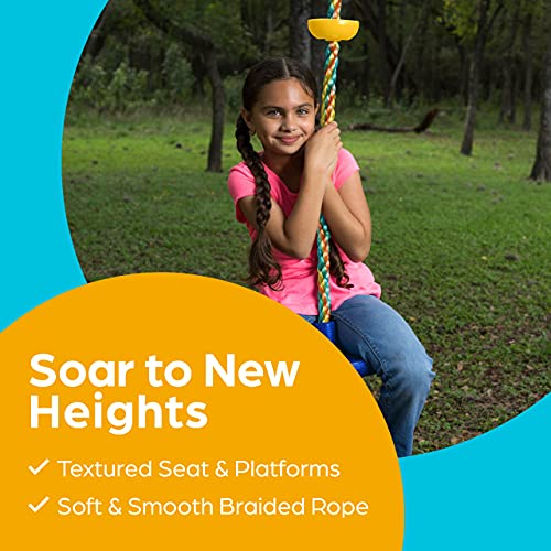 Jungle Gym Kingdom Tree Swing for Kids - Single Disc Seat and Brown Climbing Rope Set w/Carabiner and 4 Foot Strap - Treehouse and Outdoor Playground Accessories - Blue
