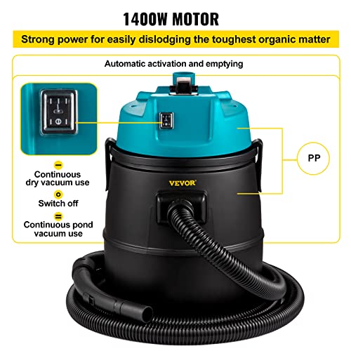 VEVOR Pond Vacuum Cleaner with 1400W Motor, 13ft Intake Hose, 4 Extension Tubes, 15 ft Power Cord, 4 Brush Heads, 4 Nozzles, 6.5ft Drain Hose and Debris Collection Bag for Garden Pond Vacuum Cleaning