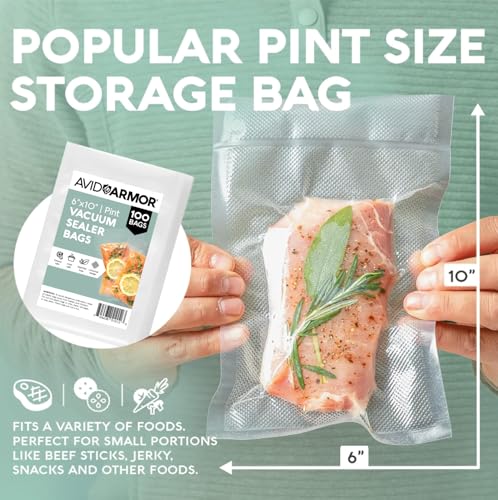 Avid Armor Vacuum Sealer Bags Pint Size, Vac Seal Bags for Food Storage, Meal Saver Freezer Vacuum Sealer Bags, Sous Vide Bags Vacuum Sealer, Non-BPA, 6 x 10 inches, Pack of 100