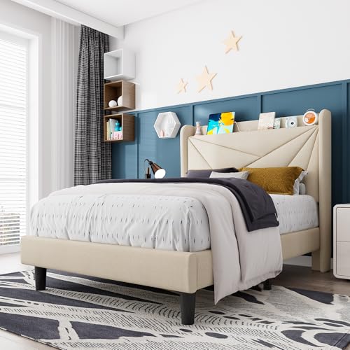 Feonase Twin Bed Frame, Upholstered Bed Frame with Charging Station, Wingback Storage Headboard, No Box Spring Needed, Noise-Free, Beige