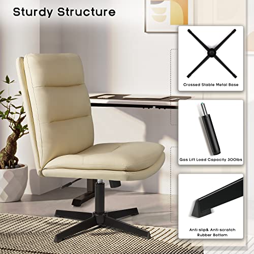 PUKAMI Criss Cross Chair,Comfy Cross Legged Office Desk Chair No Wheels,Cute Makeup Vanity Chair,Fabric Modern Swivel Height Adjustable Mid Back Wide Seat Computer Task Chair for Home Office(Beige)
