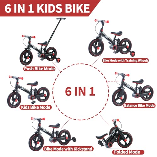 JMMD Toddler Bike with Push Handle for Kids 18 Months-5 Years, 6 in 1 Push Bike with Training Wheels & Pedals, Balance Bike for Boys and Girls with Brakes & Kickstand, Black