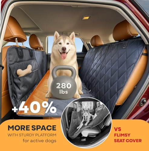 APetsPlanet Dog Car Seat Cover for Back Seat Hard Bottom - Waterproof Backseat Extender for Dogs - Pet Hammock for Car, Truck, SUV - Protector Bed with Mesh Window & Storage - Black, No Door Covers