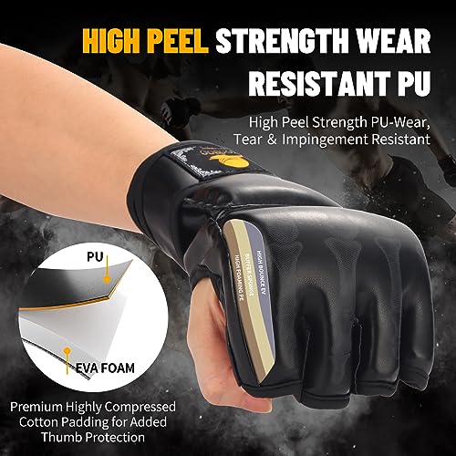 ZooBoo MMA Gloves, Half-Finger Boxing Fight Gloves MMA Mitts with Adjustable Wrist Band UFC Gloves for Sanda Sparring Punching Bag Training (One Size Fits Most)