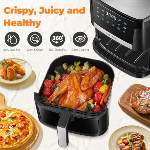 DEIME Air Fryer 7.5 QT 1700W Oilless Oven Healthy Cooker Air Fryers Large Capacity with 12 Presets, Visible Cooking Window, LCD Touch Screen, Customerizable Cooking, Non-Stick Basket (Black)