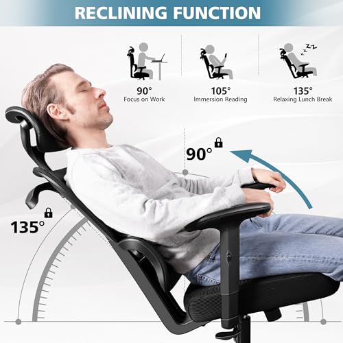 Primy Office Chair Ergonomic Desk Chair, High Back Computer Gaming Chair, Comfy Big and Tall Home Office Chair with Lumbar Support, Breathable Mesh Reclining Chair Adjustable Armrests Headrest (Black)