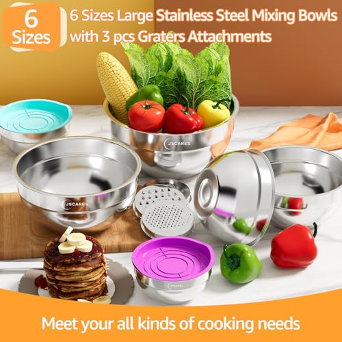 JSCARES Mixing Bowls with Lids Set, 5 Piece Metal Stainless Steel Bowls Colorful Airtight Lids Stackable Food Bowls Size 4, 3.5, 2.1, 1.5, 0.7 QT, Great for Baking & Mixing, Serving