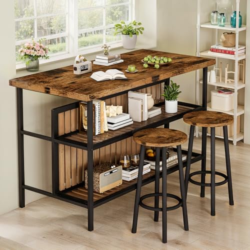 DKLGG Dining Table Set for 2 with Storage, Modern Kitchen Island with Seating 3 Piece Kitchen & Dining Room Sets Island Table for Small Space, Apartment, Home Bar, Brown