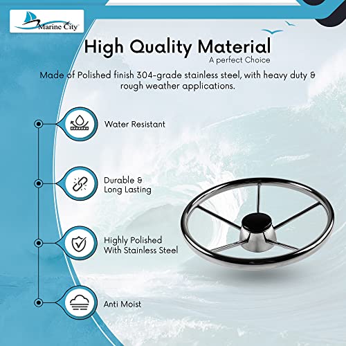 MARINE CITY 304 Stainless Steel Boat Steering Wheel - 25 Degree 5 Spokes | 13-1/2 Inches Diameter | Attractive Design - Ideal for Marines, Boats, and Yachts