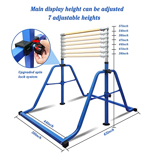 GLANT Gymnastics Bar for Kids with Rings Set, 7 Heights Adjustable Easy Folding Gymnastic Training Bar Kids Monkey Horizontal Bars - Max Load 300LBS (Blue)