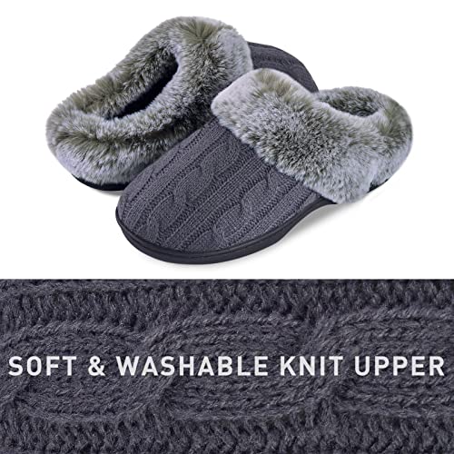Parlovable Women's Fuzzy House Slippers Warm Soft Memory Foam Bedroom Shoes Slip on Cable Knit Rubber Sole Indoor Grey 7-8