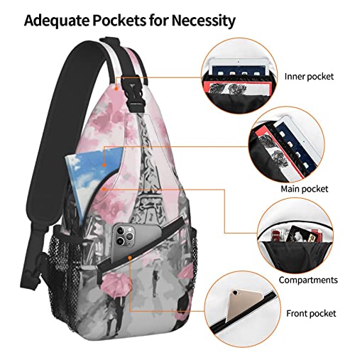 Jumou Paris Street Eiffel Tower Sling Bag Crossbody Women Men Travel Chest Backpack Leisure Sports Outdoor Running Hiking One Size