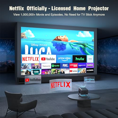 [Netflix Officially & AI Auto Focus] VOPLLS 4K Projector with WiFi and Bluetooth, 3D DoIby Audio & Auto Keystone Video Projector, 600 ANSI Outdoor Movie Projector, 50% Zoom, MAX 300''Display(Grey)