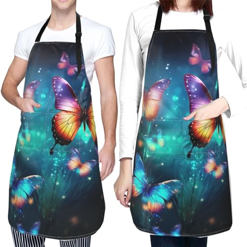 Abstract Butterflies Apron with Pockets - Butterfly Art Apron Galaxy Animal Painting Bib Apron for Kitchen Cooking Chef Grill Bistro Baking BBQ