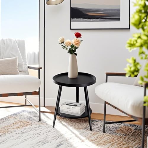 FANTERSI Small Round Side Table, 2-Tier Mid Century Modern Side Table, Round End Table Small Side Table for Living Room, Metal Frames, Black