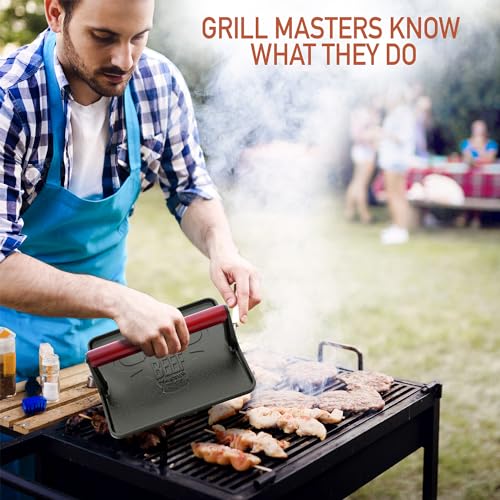 Cast Iron Grill Press - 8 x 4 Inch, 2.6 lb Griddle Press with Cool-Touch Wood Handle - Pre-seasoned for Steak, Burgers, Sandwiches, and Paninis – Non-Stick Grill Weight