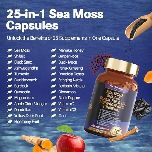 25-in-1 Sea Moss Black Seed Oil Ashwagandha Ginger Shilajit Supplement 18525mg, Sea Moss Capsules with Bladder Burdock Ceylon Cinnamon Berberine ACV Manuka VIT C&D3 for Immune, Gut & Energy, 120 Caps