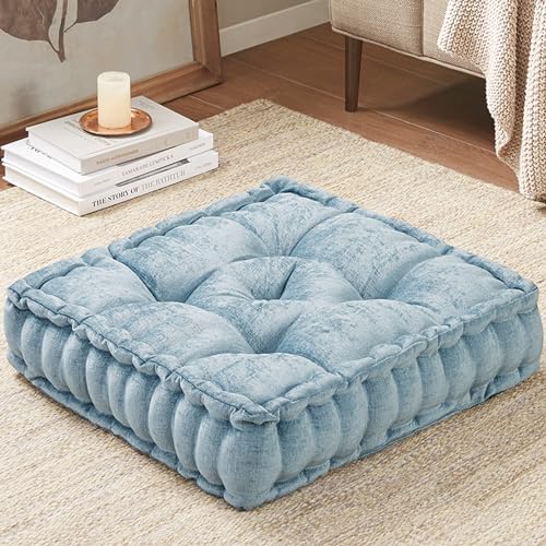 Intelligent Design Loretta Chenille Round Floor Pillow Meditation Cushion, Soft Color & Natural Luster Button Tufted with Elegant Pleated Details, Dia 22"x6"H, Aqua