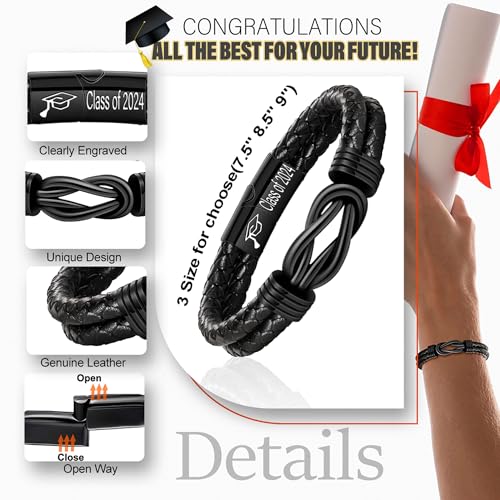 Graduation Gifts, Class of 2024 Leather Bracelet for Men Black Infinity Knot Bracelets for Teen Boys College High School Grads Birthday Christmas Jewelry