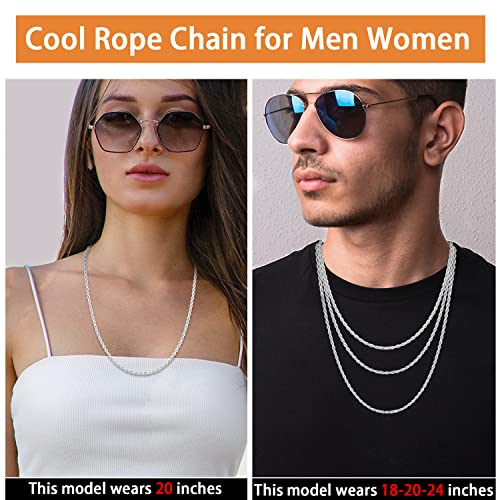 ONLVULF 925 Sterling Silver Chain for Men Women, 2.5MM Rope Chain Durable & Anti-Tarnish & Sturdy Men's Chain Necklaces, 16 Inch